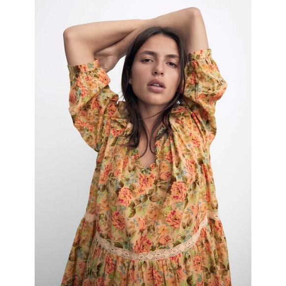 NWT Zara Floral Print V-Neck Ruffle Sleeve Babydoll Mini Dress Size Medium - Picture 3 of 11